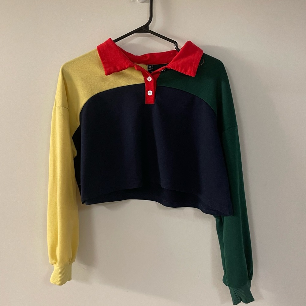 Zaful Collared Multicoloured Long Sleeve Crop Top